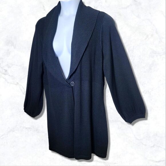 Mercer & Madison Wool Blend Black Bishop Sleeve Ribbed V-Neck Button Cardigain - Picture 3 of 8